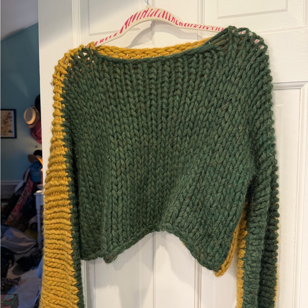 Cozy Knit Nia Thomas Cowl Neck Sweater in Green and Yellow